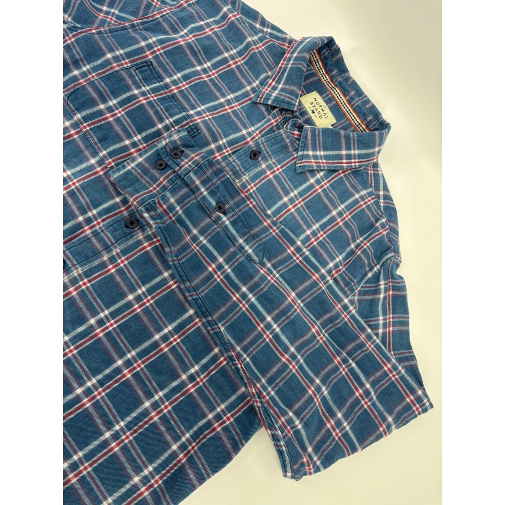 The Normal Brand Mens Blue Red Plaid Flannel Button Down Shirt Size L Cotton